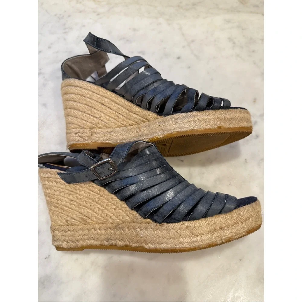 Kanna Espadrille Wedge Sandals Leather‎ Strappy Blue Platform Size 37